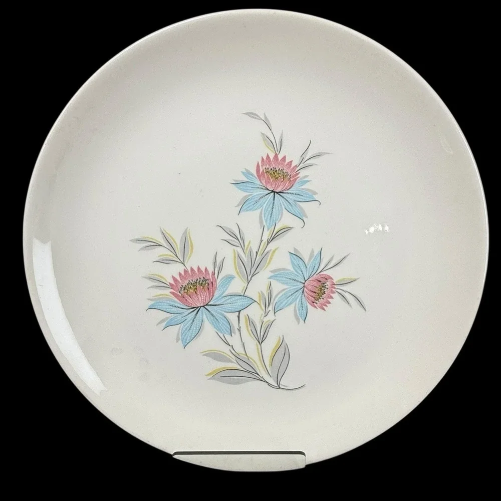 Steubenville‎ Pottery Fairlane Dinner Plates Pink Blue Flower USA Set Of 3